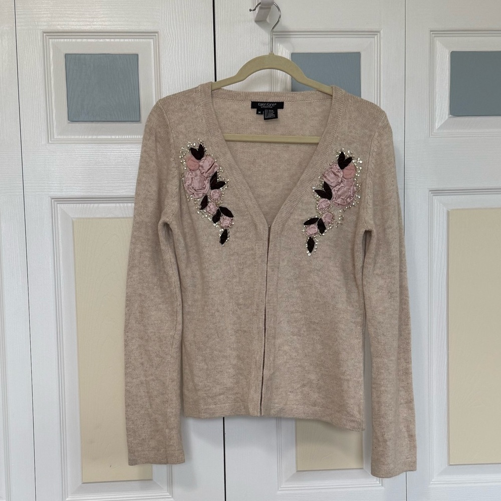 Karen Kane Cashmere Angora Knit Cardigan Satin Embroidery Sz‎ M